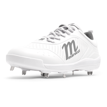 The Marucci CFT Low Metal Cleats: MFWCTSL, a white baseball shoe with silver laces, metal spikes, and the gray Marucci logo on the side, is displayed against a plain white background for a sleek athletic look.