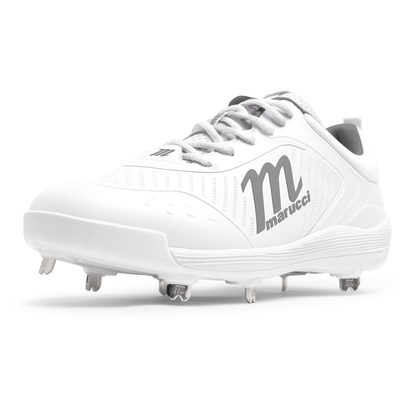The Marucci CFT Low Metal Cleats: MFWCTSL, a white baseball shoe with silver laces, metal spikes, and the gray Marucci logo on the side, is displayed against a plain white background for a sleek athletic look.