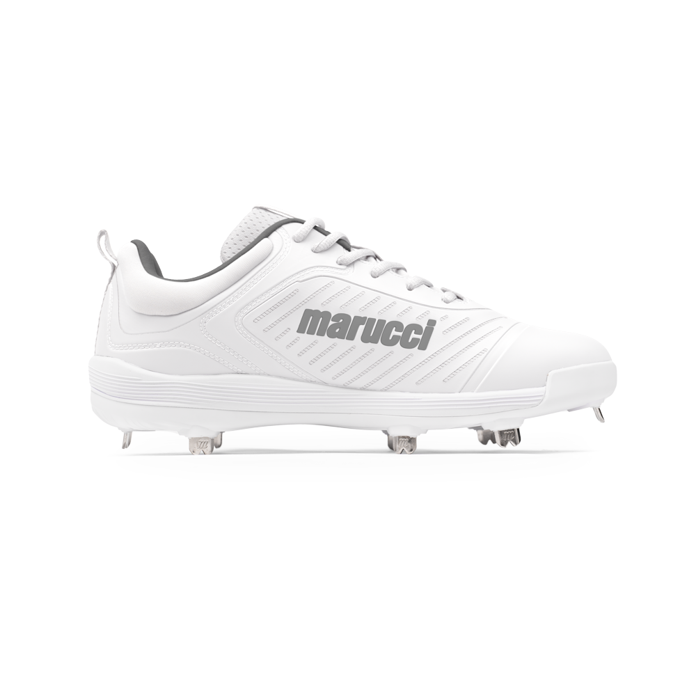 The Marucci CFT Low Metal Cleats: MFWCTSL are white athletic shoes with metal spikes, designed by Marucci to deliver top on-field performance.