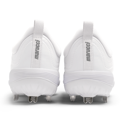 A pair of white Marucci CFT Low Metal Cleats (MFWCTSL) viewed from the back, displaying silver Marucci branding on pull tabs and metal spikes—premium baseball cleats built for top performance.