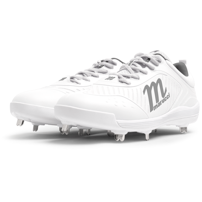 The Marucci CFT Low Metal Cleats (MFWCTSL) feature gray laces, metal spikes, and the Marucci logo—ideal athletic footwear for serious players.