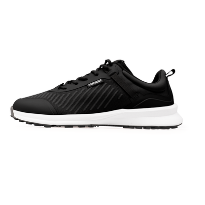 The Marucci CFT Turf Shoes (MFWCTT) by Marucci feature a black design with a white sole, black laces, subtle stripes, advanced cushioning for comfort, and a traction rubber outsole. Shown in side view on a plain white background.