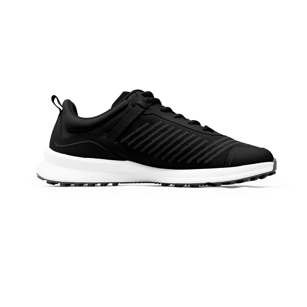 The Marucci CFT Turf Shoes: MFWCTT feature a black design with white sole, black laces, and subtle side stripes. Shown left-side on a white background, these shoes offer advanced cushioning and a traction rubber outsole for stability.