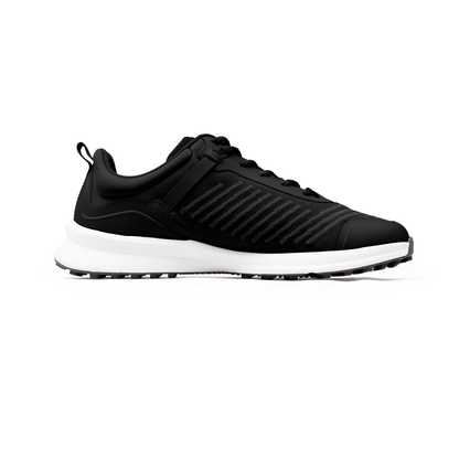 The Marucci CFT Turf Shoes: MFWCTT feature a black design with white sole, black laces, and subtle side stripes. Shown left-side on a white background, these shoes offer advanced cushioning and a traction rubber outsole for stability.