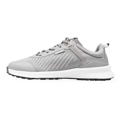 The Marucci CFT Turf Shoes: MFWCTT feature a light gray mesh upper, synthetic overlays, advanced cushioning, white midsole, traction rubber outsole, and heel pull tab. Side profile shown on a white background.
