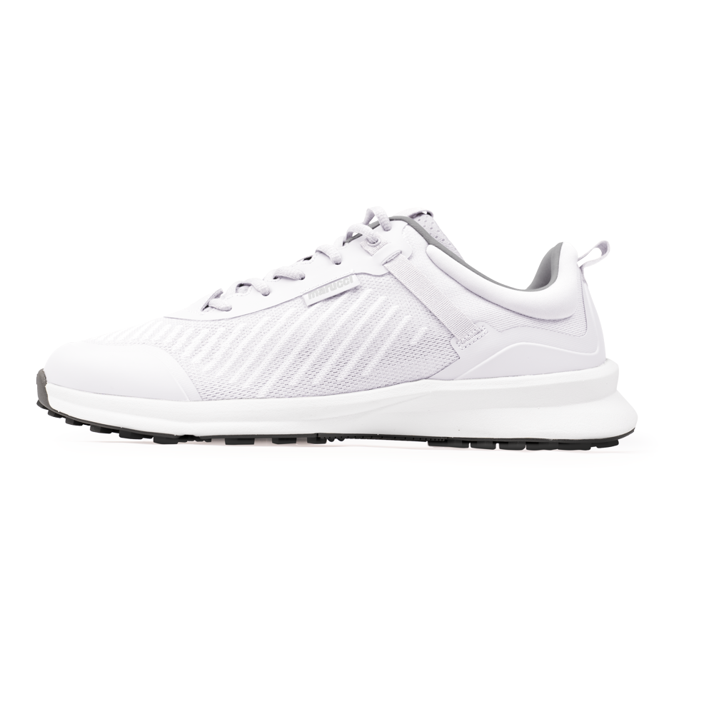The Marucci CFT Turf Shoes: MFWCTT are shown in side profile on a white background, featuring a white mesh upper, lace-up closure, textured details, and a black rubber outsole.