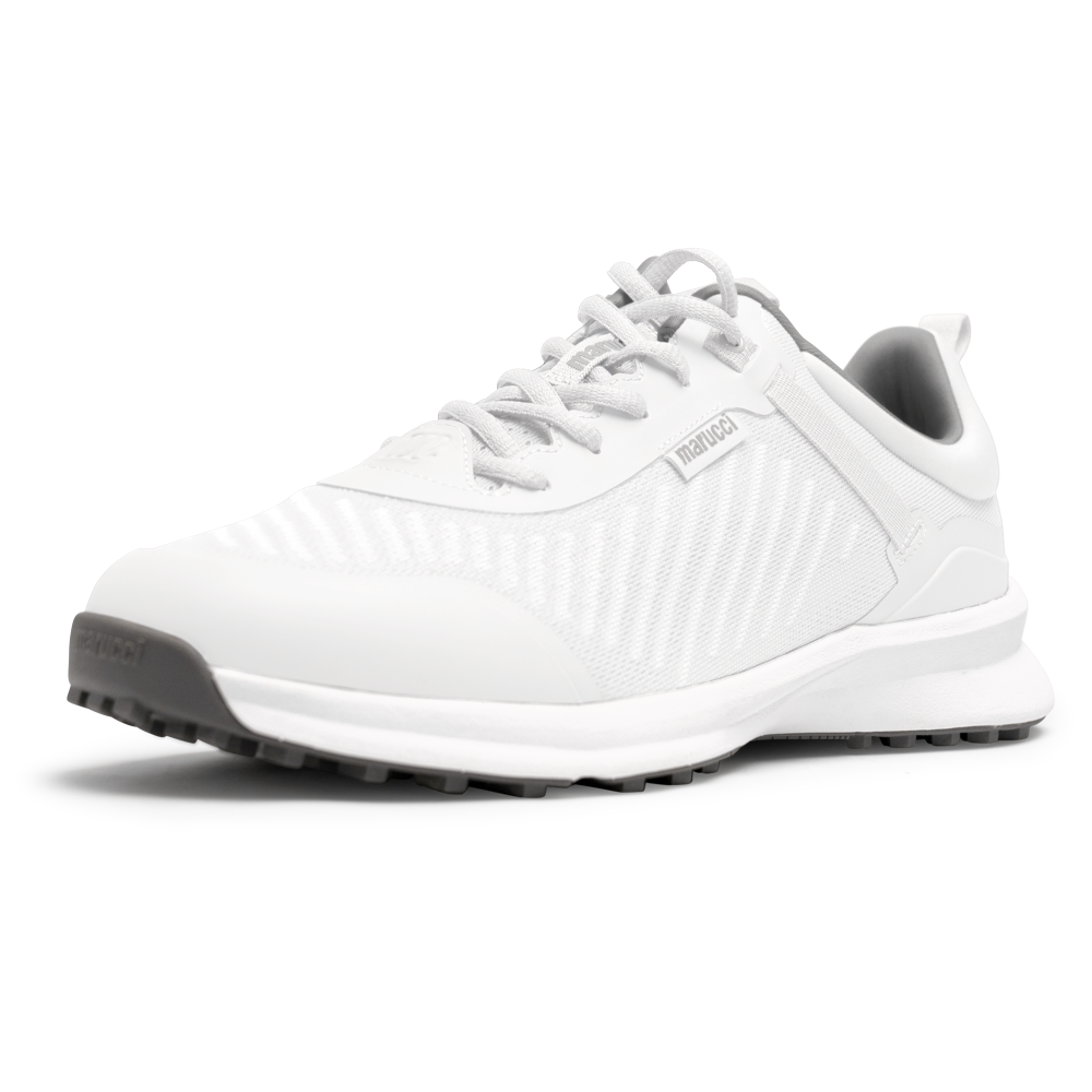 The Marucci CFT Turf Shoes (MFWCTT) by Marucci are white athletic sneakers with gray accents, advanced cushioning, a traction rubber outsole, and TrueOS branding on the side, displayed at an angle on a plain white background.
