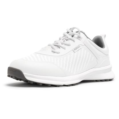 The Marucci CFT Turf Shoes (MFWCTT) by Marucci are white athletic sneakers with gray accents, advanced cushioning, a traction rubber outsole, and TrueOS branding on the side, displayed at an angle on a plain white background.