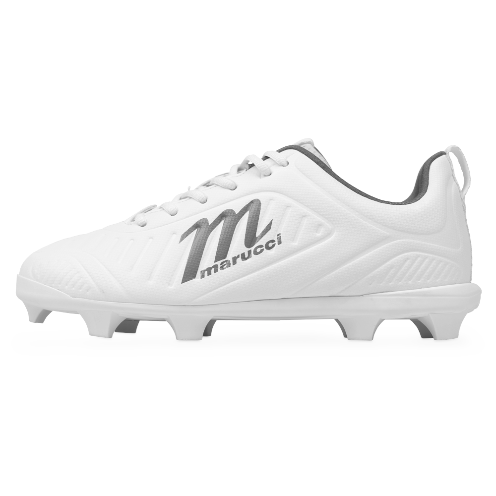 The Marucci FLT Youth Molded Cleats (MFWFLMY) feature a white design with gray accents, the Marucci logo and name on the side, and molded studs on the sole for traction. These lightweight cleats provide comfort and performance, making them ideal for young athletes.