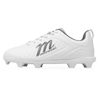 The Marucci FLT Youth Molded Cleats (MFWFLMY) feature a white design with gray accents, the Marucci logo and name on the side, and molded studs on the sole for traction. These lightweight cleats provide comfort and performance, making them ideal for young athletes.
