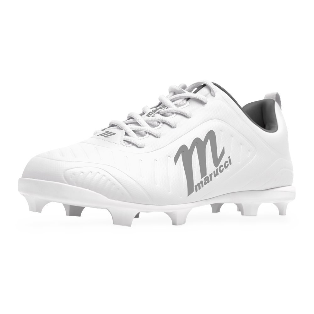 The Marucci FLT Youth Molded Cleats (MFWFLMY) are white baseball cleats with subtle gray accents and the signature Marucci logo, including a prominent gray “M” on the side. Designed for young players who value comfort and performance, these lightweight cleats are displayed against a plain white background.
