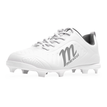 The Marucci FLT Youth Molded Cleats (MFWFLMY) are white baseball cleats with subtle gray accents and the signature Marucci logo, including a prominent gray “M” on the side. Designed for young players who value comfort and performance, these lightweight cleats are displayed against a plain white background.