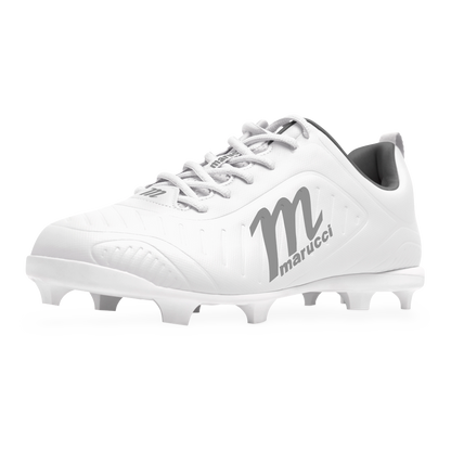 The Marucci FLT Youth Molded Cleats (MFWFLMY) are white baseball cleats with subtle gray accents and the signature Marucci logo, including a prominent gray “M” on the side. Designed for young players who value comfort and performance, these lightweight cleats are displayed against a plain white background.