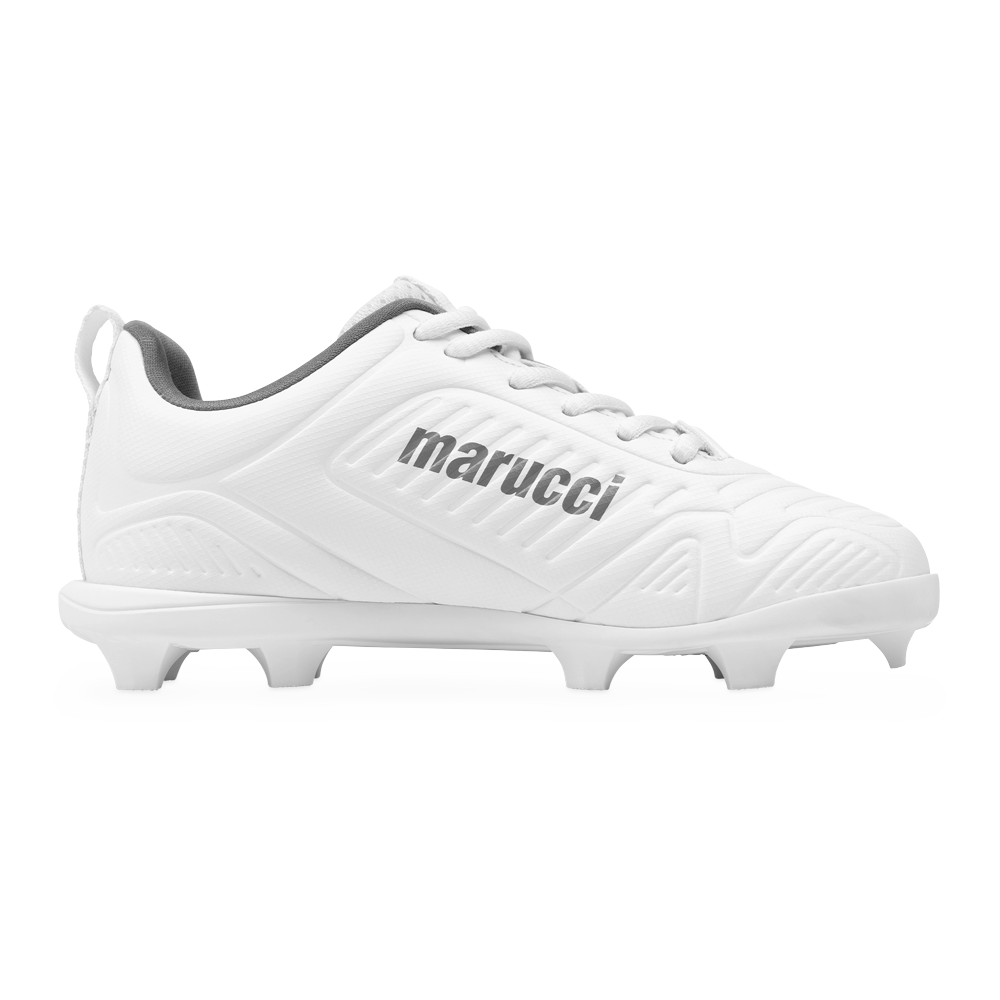 Marucci FLT Youth Molded Cleats (MFWFLMY) in white, featuring molded studs, gray interior lining, and the Marucci logo on the side, displayed in profile against a plain white background.