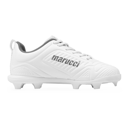 Marucci FLT Youth Molded Cleats (MFWFLMY) in white, featuring molded studs, gray interior lining, and the Marucci logo on the side, displayed in profile against a plain white background.
