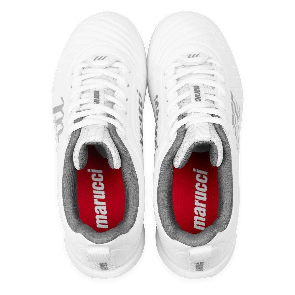 Pair of white Marucci FLT Youth Molded Cleats (MFWFLMY) with red insoles featuring the word “marucci” in white text, viewed from above on a white background. These lightweight baseball cleats offer comfort and style, making them an ideal choice for youth players.
