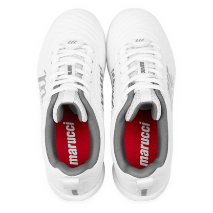 Pair of white Marucci FLT Youth Molded Cleats (MFWFLMY) with red insoles featuring the word “marucci” in white text, viewed from above on a white background. These lightweight baseball cleats offer comfort and style, making them an ideal choice for youth players.