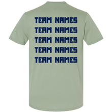 Back view of a sage green 2027 NSA Michigan Classic Fastpitch Tournament Shirt by DSG Apparel, featuring five rows of navy blue text reading TEAM NAMES.