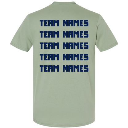 Back view of a sage green 2027 NSA Michigan Classic Fastpitch Tournament Shirt by DSG Apparel, featuring five rows of navy blue text reading TEAM NAMES.