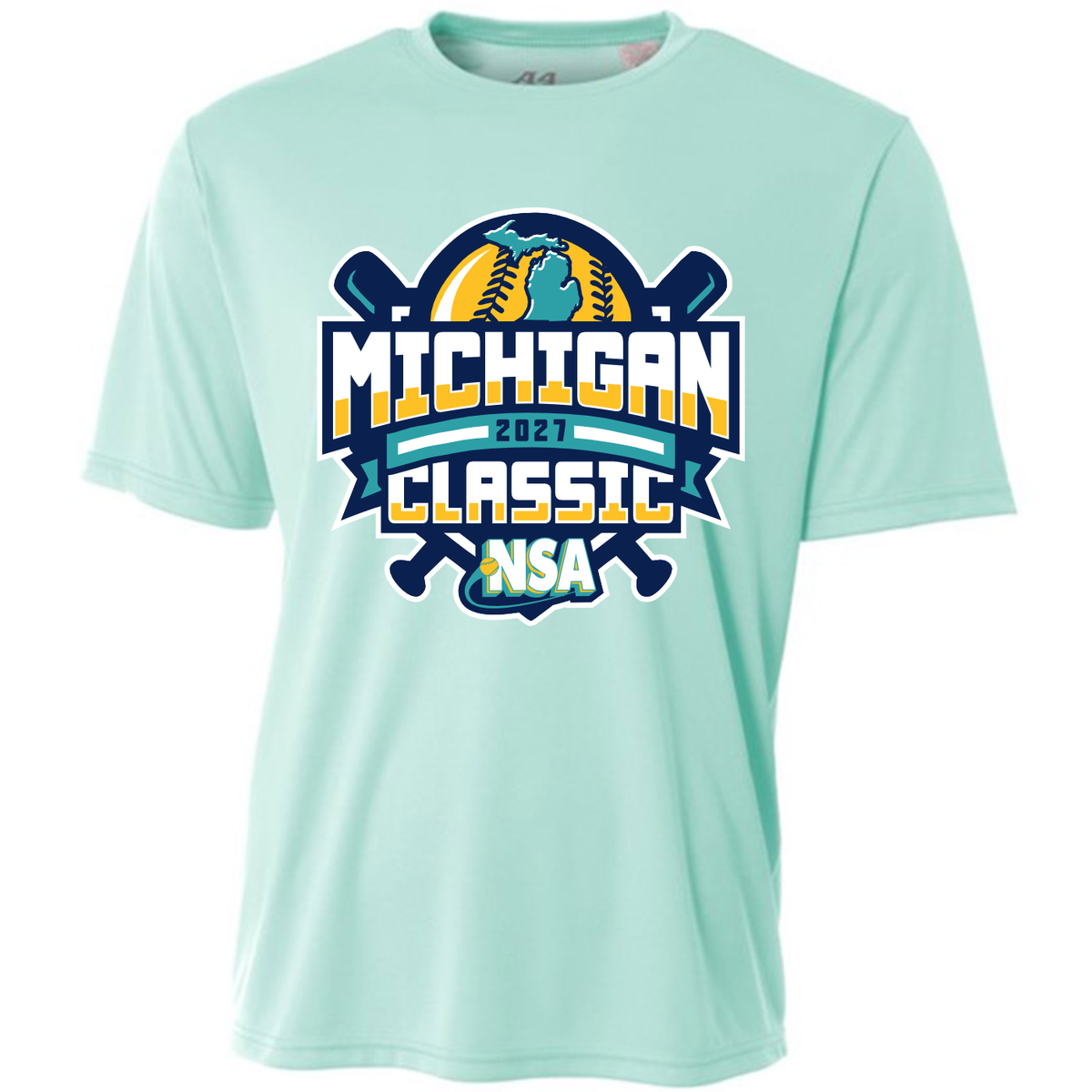 Pastel mint short-sleeve 2027 NSA Michigan Classic Fastpitch Tournament Shirt featuring a baseball, crossed bats, the state of Michigan, and the text Michigan 2027 Classic NSA.