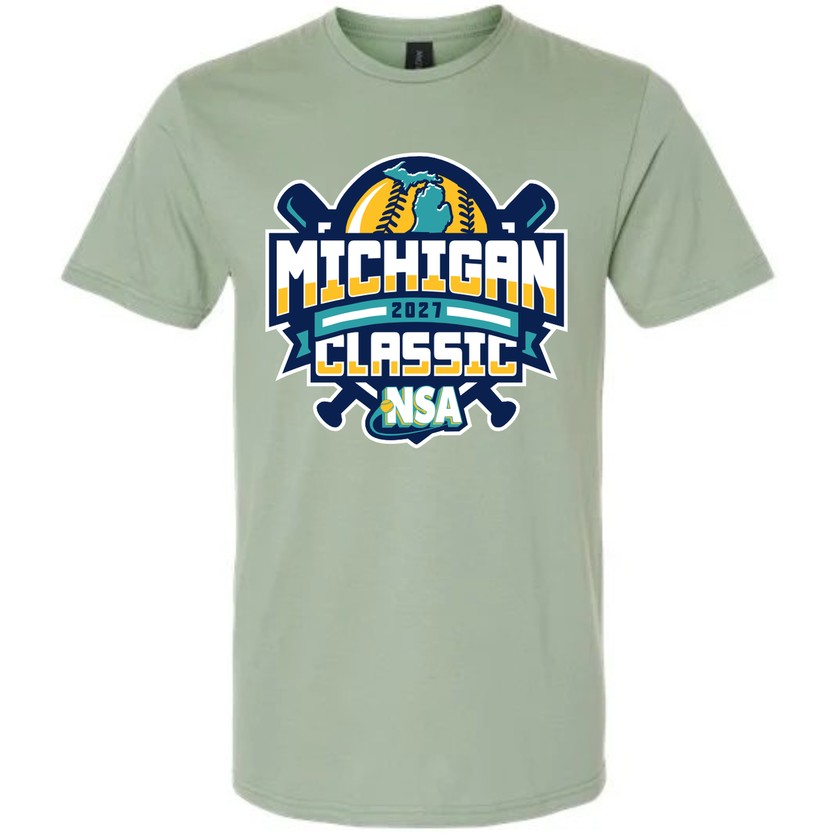 Sage 2027 NSA Michigan Classic Fastpitch Tournament Shirt, a crewneck tee featuring a Michigan map silhouette, two bats, and the text Michigan 2027 Classic NSA.