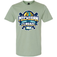 Sage 2027 NSA Michigan Classic Fastpitch Tournament Shirt, a crewneck tee featuring a Michigan map silhouette, two bats, and the text Michigan 2027 Classic NSA.