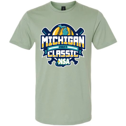 Sage 2027 NSA Michigan Classic Fastpitch Tournament Shirt, a crewneck tee featuring a Michigan map silhouette, two bats, and the text Michigan 2027 Classic NSA.