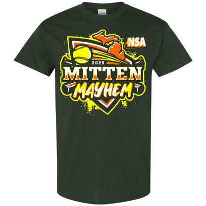 The 2025 NSA Mitten Mayhem Fastpitch Tournament T-Shirt by DSG Apparel features a bold yellow softball, Michigan outline, NSA, and "2025 Mitten Mayhem" text in yellow and white with orange accents—ideal for fans of fastpitch events.