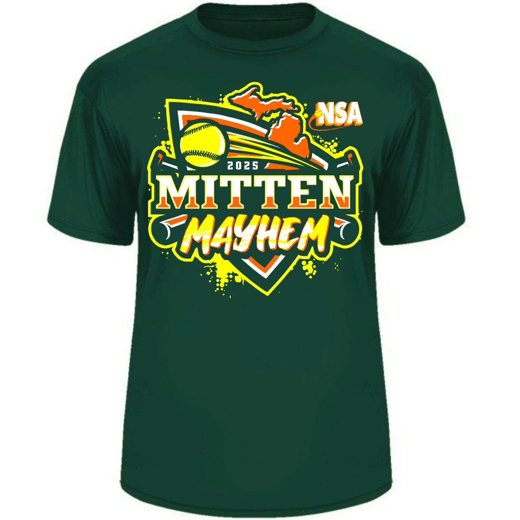The 2025 NSA Mitten Mayhem Fastpitch Tournament T-Shirt by DSG Apparel is a dark green shirt with a vibrant "2025 MITTEN MAYHEM" graphic, softball, yellow Michigan map outline, and NSA in orange and white—ideal for fans or tournament players.