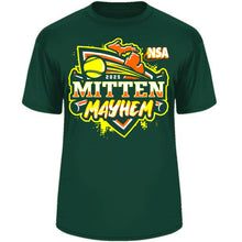 The 2025 NSA Mitten Mayhem Fastpitch Tournament T-Shirt by DSG Apparel is a dark green shirt with a vibrant "2025 MITTEN MAYHEM" graphic, softball, yellow Michigan map outline, and NSA in orange and white—ideal for fans or tournament players.