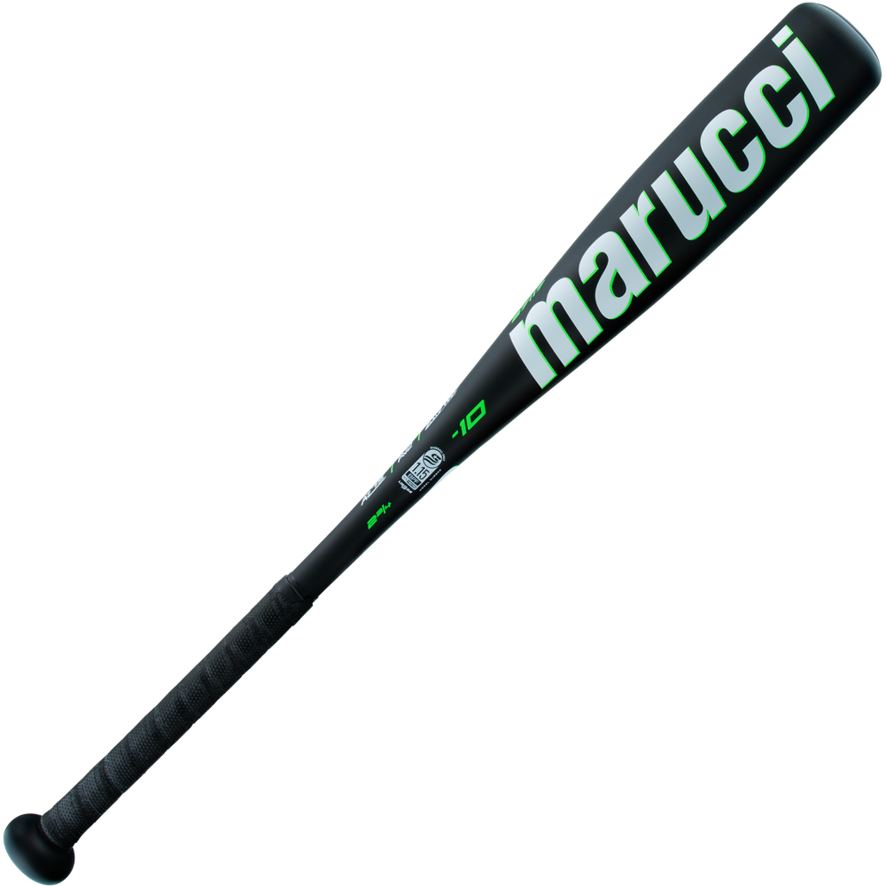 The 2025 Marucci Code JBB (-10) 2 3/4" USSSA Baseball Bat (MJBBCD) features a black design with green accents, an anti-vibration knob, a wrapped handle grip, and the -10 drop printed on the barrel.