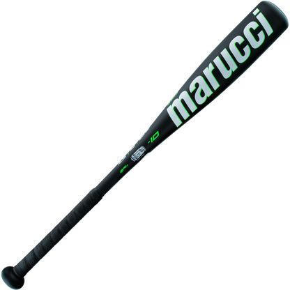 The 2025 Marucci Code JBB (-10) 2 3/4" USSSA Baseball Bat (MJBBCD) features a black design with green accents, an anti-vibration knob, a wrapped handle grip, and the -10 drop printed on the barrel.