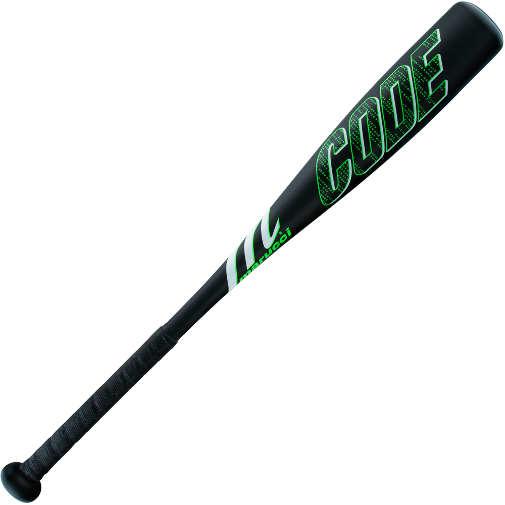 The 2025 Marucci Code JBB (-10) USSSA Baseball Bat features a black barrel with bold green “CODE” lettering, a textured grip handle, anti-vibration knob, and striking green accents in the middle.