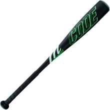 The 2025 Marucci Code JBB (-10) USSSA Baseball Bat features a black barrel with bold green “CODE” lettering, a textured grip handle, anti-vibration knob, and striking green accents in the middle.