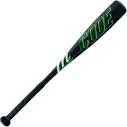The 2025 Marucci Code JBB (-10) USSSA Baseball Bat features a black barrel with bold green “CODE” lettering, a textured grip handle, anti-vibration knob, and striking green accents in the middle.