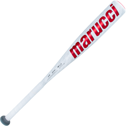 The 2025 Marucci CATX2 JBB (-10) 2 3/4" USSSA Baseball Bat (MJBBCX2) features a white barrel, black grip, bold red Marucci branding, and one-piece alloy construction, shown against a plain white background.