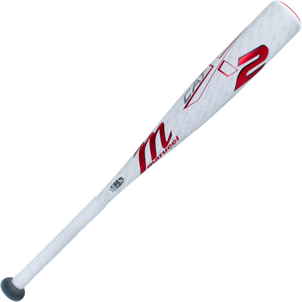 The 2025 Marucci CATX2 JBB (-10) 2 3/4" USSSA Baseball Bat (MJBBCX2) features a white one-piece alloy design with red accents, a bold red number 2, and a black grip, shown on a plain white background.