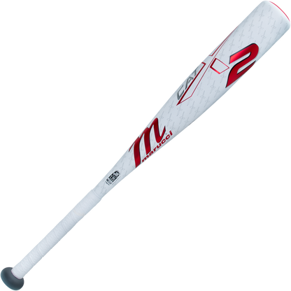 The 2025 Marucci CATX2 JBB (-10) 2 3/4" USSSA Baseball Bat (MJBBCX2) features a white one-piece alloy design with red accents, a bold red number 2, and a black grip, shown on a plain white background.
