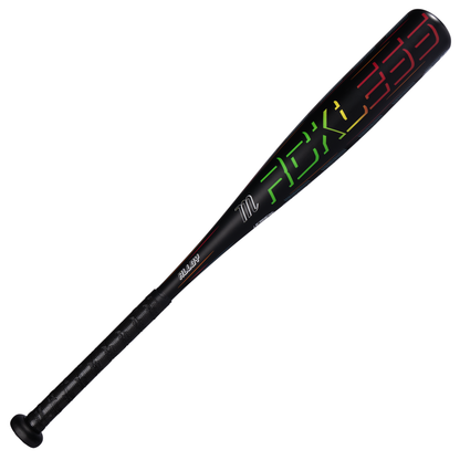 A black Marucci 2027 RCKLESS Gen 2 JBB (-10) 2 3/4″ USSSA baseball bat featuring a textured grip and vibrant, stylized red, yellow, and green graphics along the barrel.