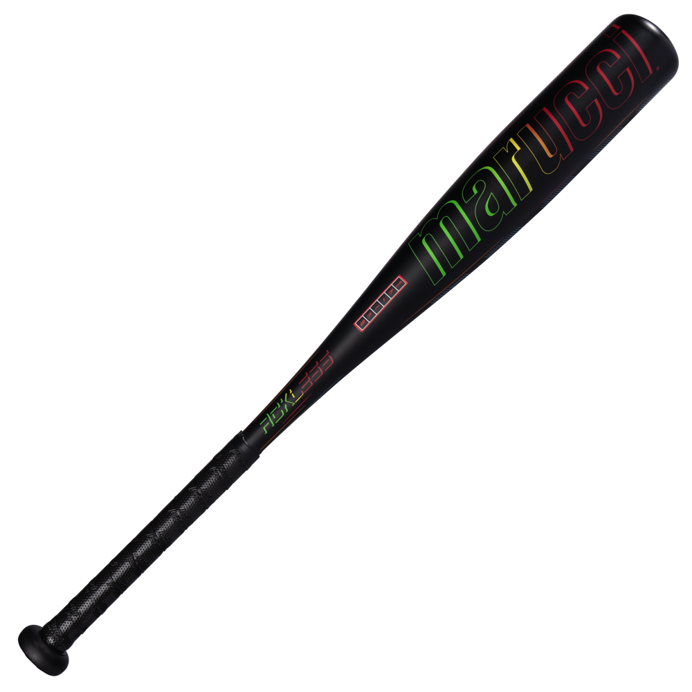 A black 2027 Marucci RCKLESS Gen 2 JBB (-10) 2 3/4″ USSSA Baseball Bat (MJBBR2) with a textured grip and the Marucci brand name in multicolored letters along the barrel, featuring anti-vibration technology for enhanced comfort during play.