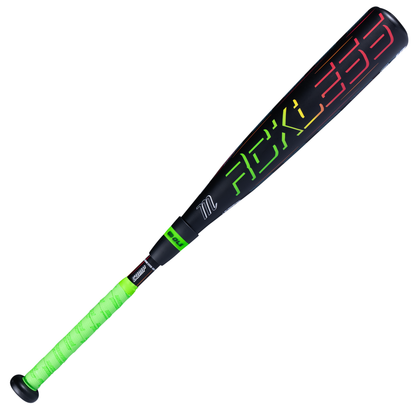 The Marucci 2027 RCKLESS Gen 2 Composite JBB (-10) 2 3/4″ USSSA Baseball Bat features a sleek black design with vibrant, colorful lettering on the barrel and a neon green, textured handle wrap for enhanced grip, providing young players with maximum comfort and control.