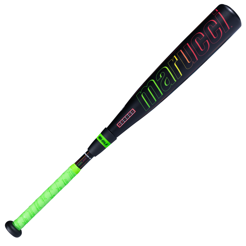 The Marucci 2027 RCKLESS Gen 2 Composite JBB (-10) 2 3/4″ USSSA Baseball Bat (MJBBRC2) is a black junior big barrel bat with a neon green grip and vibrant Marucci logo on the barrel, engineered for maximum barrel flex; it is displayed against a white background.