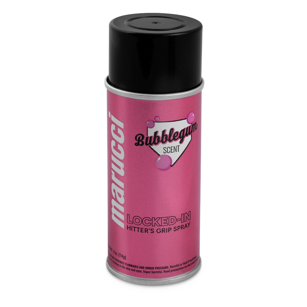 A can of Marucci Locked-In Hitter’s Grip Spray (MLKDINHITGRPSPRY) in pink, with a bubblegum scent, displays black text and a heart graphic with bubbles on the label, topped by a black cap—expertly crafted by Marucci to provide premium gripping power for the ultimate batting grip.