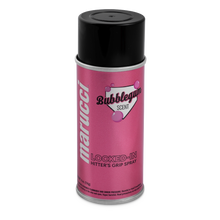 A can of Marucci Locked-In Hitter’s Grip Spray (MLKDINHITGRPSPRY) in pink, with a bubblegum scent, displays black text and a heart graphic with bubbles on the label, topped by a black cap—expertly crafted by Marucci to provide premium gripping power for the ultimate batting grip.