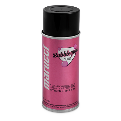 A can of Marucci Locked-In Hitter’s Grip Spray (MLKDINHITGRPSPRY) in pink, with a bubblegum scent, displays black text and a heart graphic with bubbles on the label, topped by a black cap—expertly crafted by Marucci to provide premium gripping power for the ultimate batting grip.