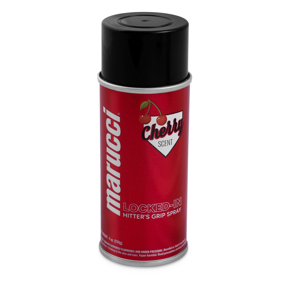 A can of Marucci Locked-In Hitter’s Grip Spray (MLKDINHITGRPSPRY) in red, featuring a black cap and a label with cherries, offers a cherry scent and is designed to provide premium gripping power for your batting grip.
