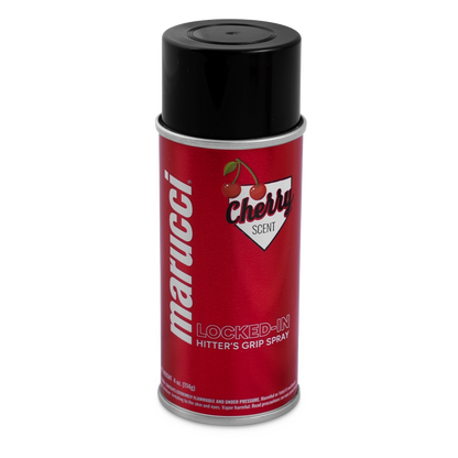 A can of Marucci Locked-In Hitter’s Grip Spray (MLKDINHITGRPSPRY) in red, featuring a black cap and a label with cherries, offers a cherry scent and is designed to provide premium gripping power for your batting grip.