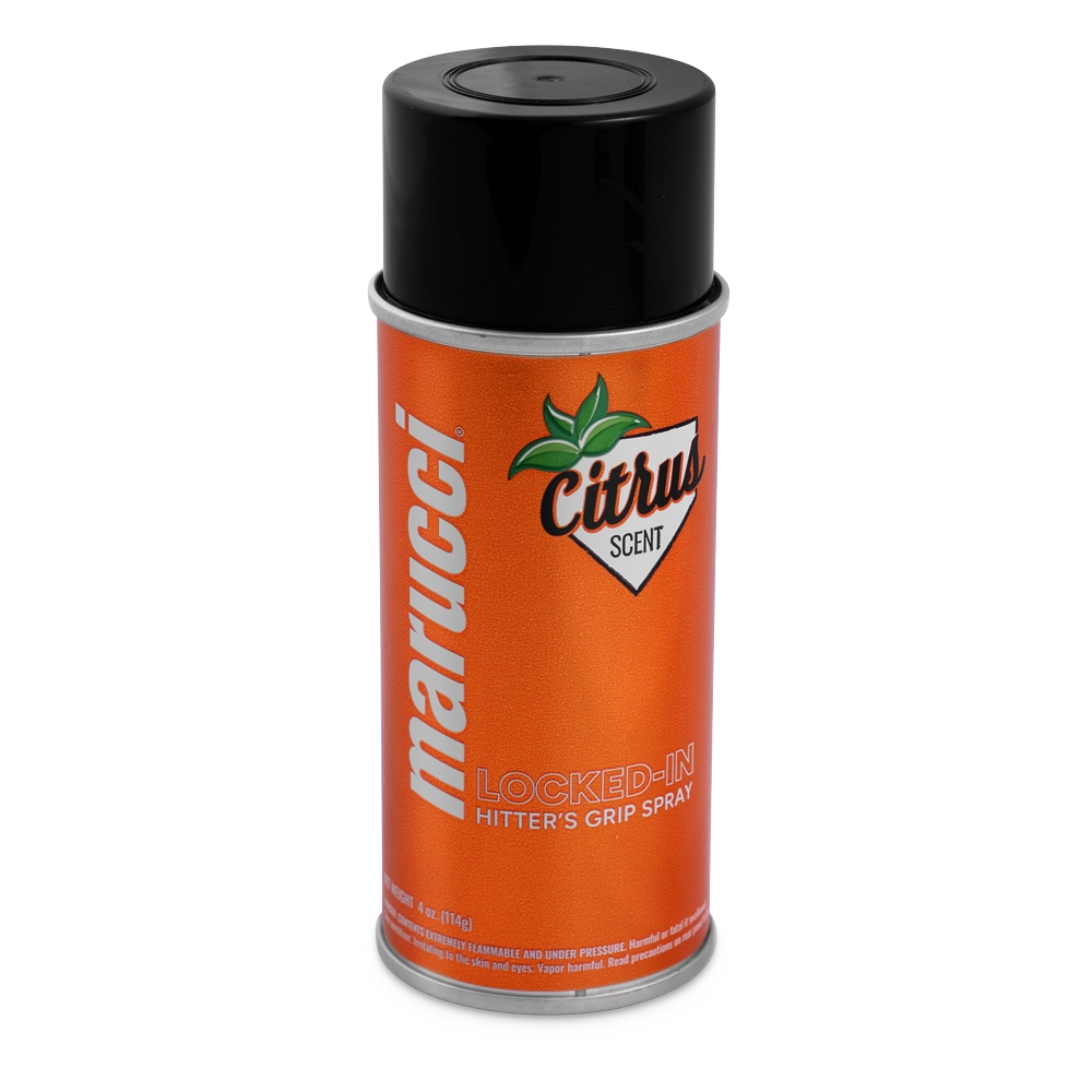 The Marucci Locked-In Hitter’s Grip Spray (MLKDINHITGRPSPRY) comes in an orange can with a black cap and bold white and silver text on the label, featuring a refreshing citrus scent and delivering premium gripping power for your batting grip.
