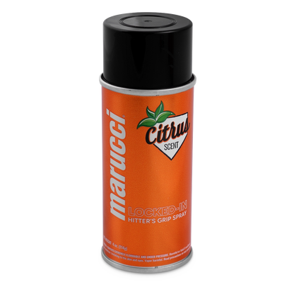 The Marucci Locked-In Hitter’s Grip Spray (MLKDINHITGRPSPRY) comes in an orange can with a black cap and bold white and silver text on the label, featuring a refreshing citrus scent and delivering premium gripping power for your batting grip.