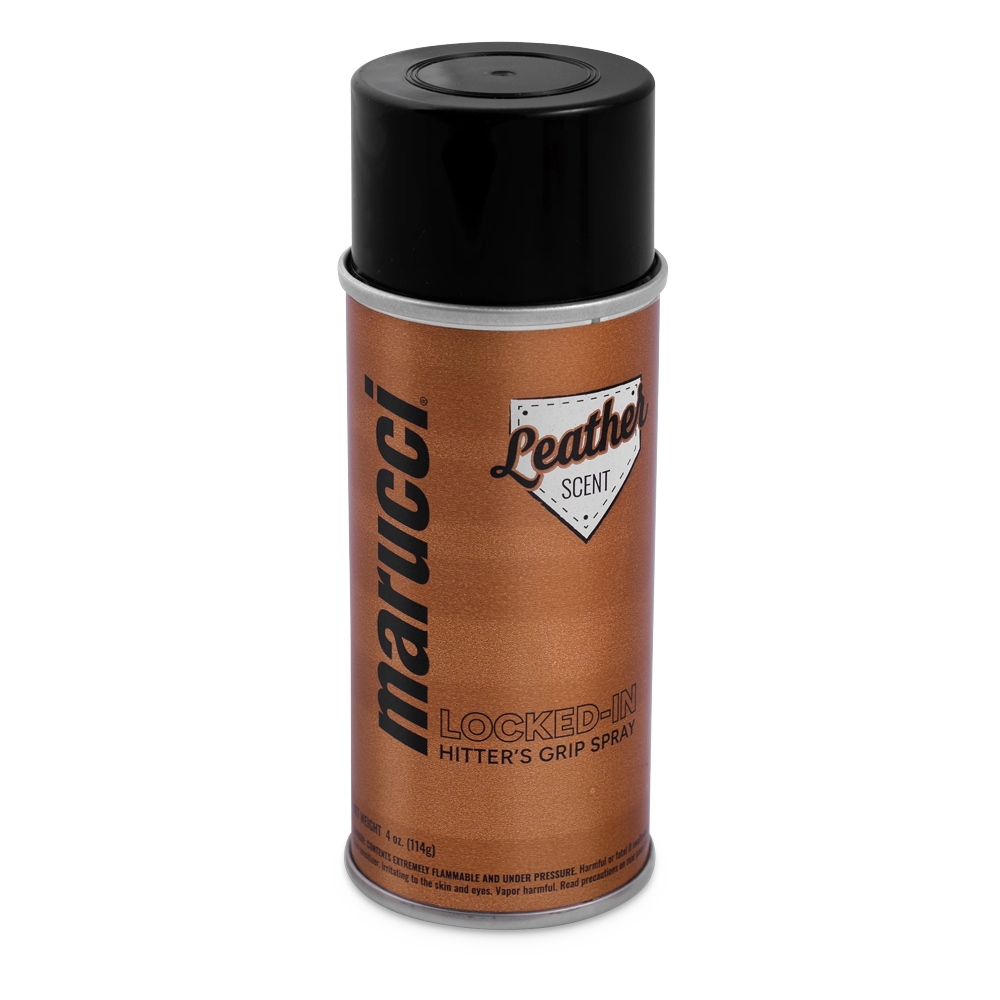 A brown can of Marucci Locked-In Hitter’s Grip Spray (MLKDINHITGRPSPRY) with black text and a black cap, featuring a leather scent, delivers premium grip to enhance batting performance for baseball or softball players.